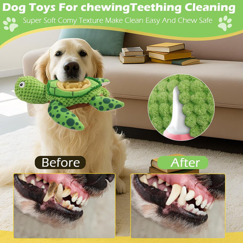 ZYBDP Interactive Dog Toy, Green Turtle Plush with Slow Feeder Bowl, Squeaky Chew Toy