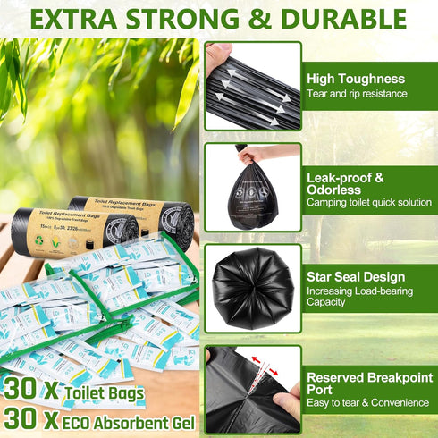 30 Count Set, 8 30 1 BLIKA Camping Toilet Bags Eco Absorbent Gel Portable Toilet Bags with Gel, Gallon, Liter, Heavy
