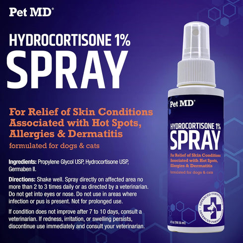 Pet MD Hydrocortisone Spray for Dogs, Cats, Horses - 4 oz Itch Relief Spray & Hot Spot Treatment for Irritated Dry