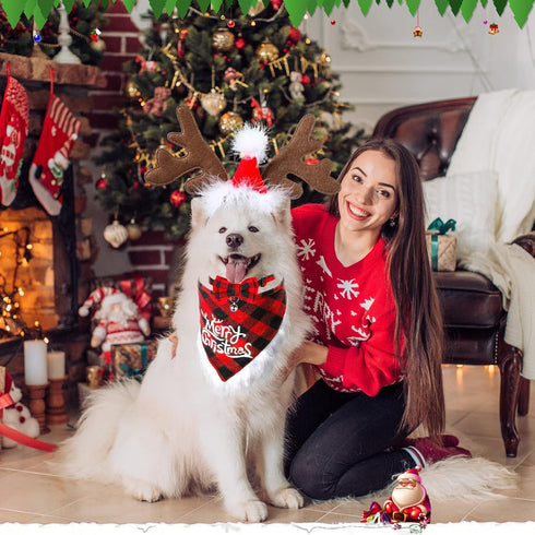 6 PCs Dog Christmas Costume Elk Reindeer Antler Headband Buffalo Plaid Bandana Bow Tie Triangle Pet Scarf Outfit Bib