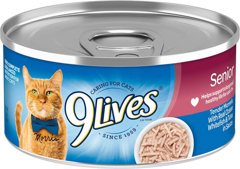 9Lives Wet Senior Cat Food, Tender Morsels with Real Ocean Whitefish & Tuna, 5.5 oz Cans (Pack of 24)