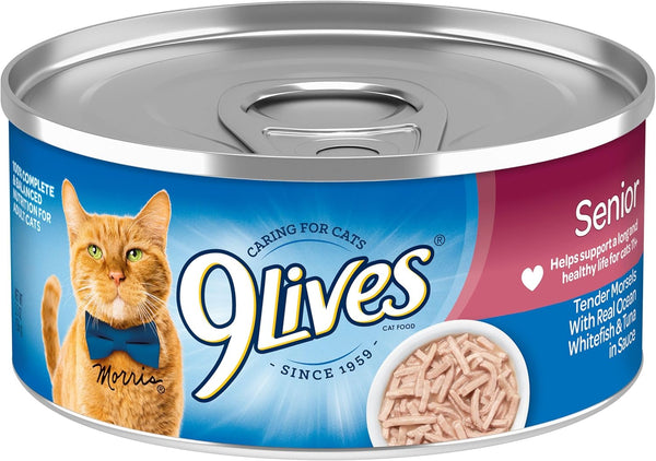 9Lives Wet Senior Cat Food, Tender Morsels with Real Ocean Whitefish & Tuna, 5.5 oz Cans (Pack of 24)