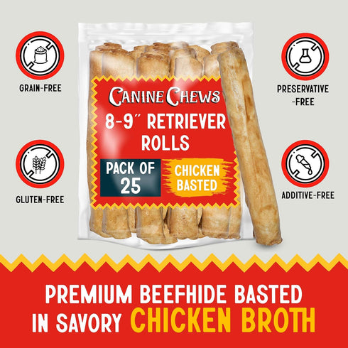 8-9" (25 Pack) Canine Chews Chicken Basted Dog Rawhide Retriever Rolls - USA-Sourced Chicken Basted Dog Chews - Healthy