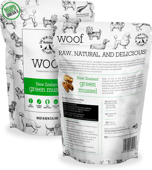 WOOF Freeze Dried Dog Treats - New Zealand Green Mussels, High Protein, Dog Treats, Small Dogs and Dog Treats for Large Dog, Natural, Topper or Dog Treat, 1.76 oz