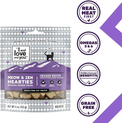 I and love and you Meow & Zen Hearties Cat Treats - Chicken, Grain Free, Omega 3 & 6, 4oz Bag