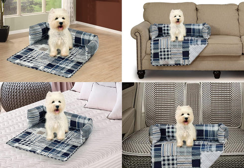 Brilliant Sunshine Blue Patchwork Pet Sofa Bed, Quilted Washable Couch Protector with Removable Bolster Cushions,