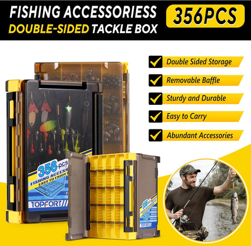 TOPFORT 187/343pcs Fishing Accessories Kit, Includes Jig Hooks, Sinker Weights, Fishing Set with Tackle Box
