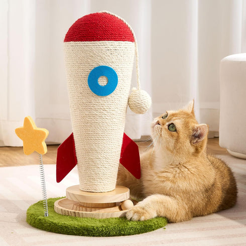 Cat Scratching Post, Rocket Cute Sisal Cat Scratcher with Durable Solid Wood Turntable Toy, Cat Scratch Post Red Cat