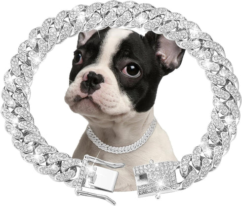 Silver Dog Chain Collar, Diamond Cuban Link, 13mm Wide, Pet Crystal Collar Jewelry for Small Medium Large Dogs (16 inch)