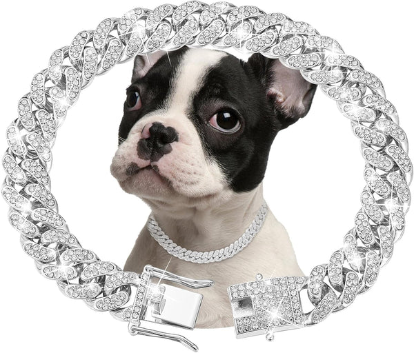 Silver Dog Chain Collar, Diamond Cuban Link, 13mm Wide, Pet Crystal Collar Jewelry for Small Medium Large Dogs (16 inch)