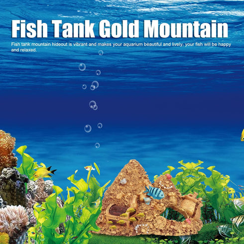 Aquarium Decoration Cave, Gold Mountain Simulation Resin Hideouts for Freshwater and Saltwater, 4.3 x 4.7 x 5.9 inch