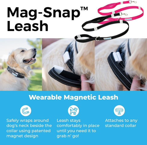Shed Defender Mag-Snap Dog Leash - 5 ft, Pink - Wearable Magnetic Leash with Two Padded Traffic Handles, Heavy Duty