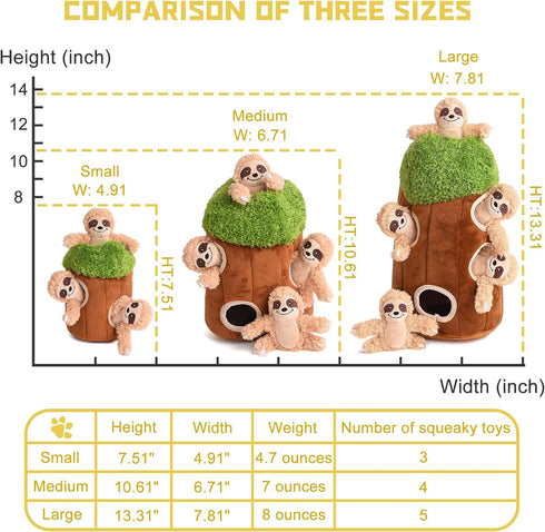 Interactive Squeaky Dog Toys Plush Sloth Dog Toy, Stuffing Woodland Friends Burrow, Squeaky Plush Toy for Small Medium