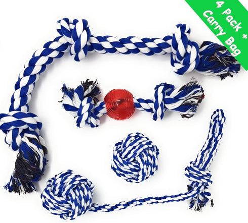 Rope Toys for Large Dogs & Puppies 4-Pack, Natural Cotton Rubber Tug-of-War Toy Set, Tough Dog Toys for Aggressive