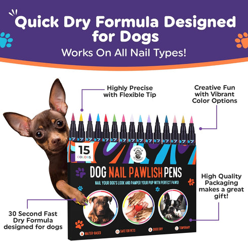 Dog Nail Polish Pens Quick Dry 15 Colors - Easy Application, Dog Safe Nail Polish for Dogs and Cats