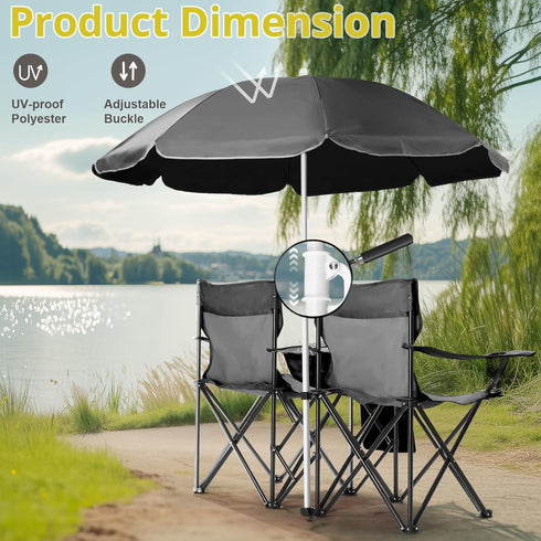 UDeuxff Folding Double Camping Chair w/Umbrella Beverage Holder Carrying Bag Cooler Fold Up Table, Large Bearing