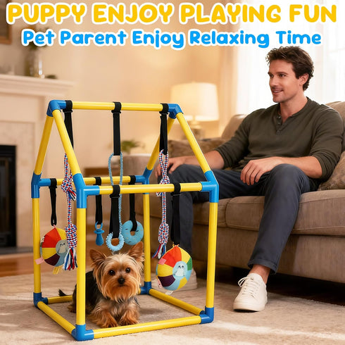 KAINUM 8 Puppy Play Gym with Hanging Toys, Dog Indoor Jungle Gym as Activities Center for Puppies, PVC Frame