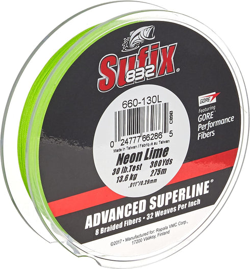 Sufix 832 Braid, 30 lb, Neon Lime, 300 yards