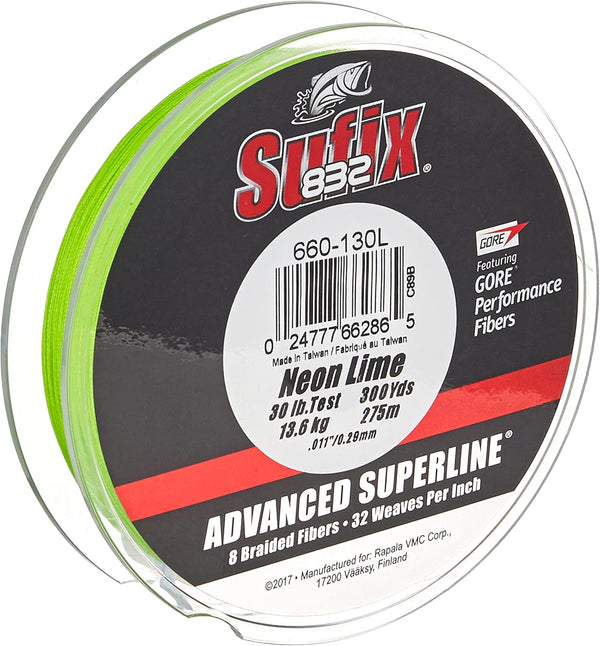 Sufix 832 Braid, 30 lb, Neon Lime, 300 yards