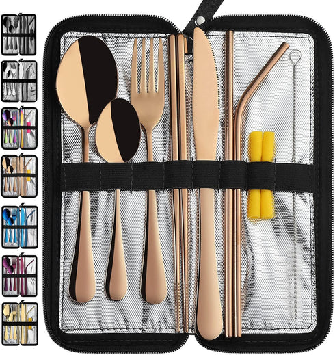 Portable Travel Utensils, 9 Pieces Reusable Silverware Set with Case, Stainless Steel Flatware for Camping Picnic (Rose