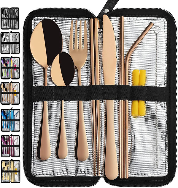 Portable Travel Utensils, 9 Pieces Reusable Silverware Set with Case, Stainless Steel Flatware for Camping Picnic (Rose