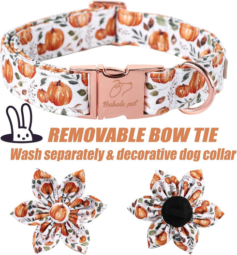 Halloween Dog Collars for Large Dogs with Flower Tie, Adjustable Pumpkin Collar for Small Medium Dogs, Boy & Girl