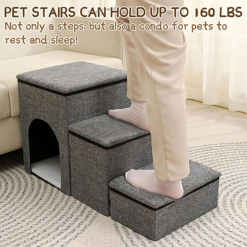 Fhiny 3-Step Dog Stairs with Storage, Non-Slip Foldable Pet Steps for Small Dogs, Grey, Holds up to 160 lbs