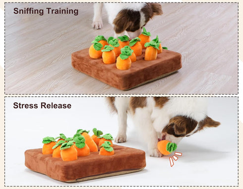 Interactive Squeak Carrot Snuffle Mat for Dogs - Plush Puzzle Toys 2 in 1 for Pet Stress Relief with 12 Carrots