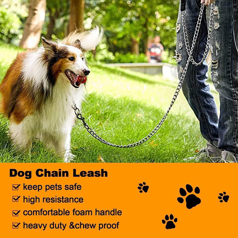 Heavy Duty Metal Dog Leash, 5 FT Chew Proof Chain with Soft Padded Handle for Large & Medium Dogs