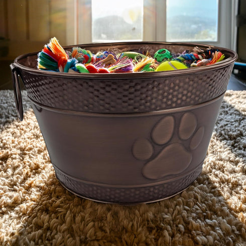 Metal Indestructible Dog Toy Bin - Farmhouse Organizer Storage Basket for Pet Toys, Blankets, Leashes, Lead-Free Copper