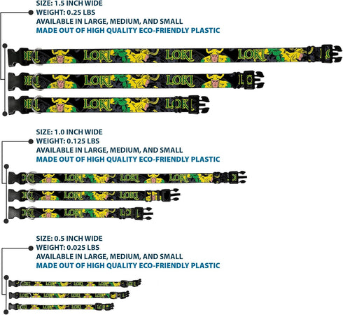 Dog Collar Plastic Clip Loki In Action, Black Gray Yellow Green, 11 to 17 Inches, 1.0 Inch Wide