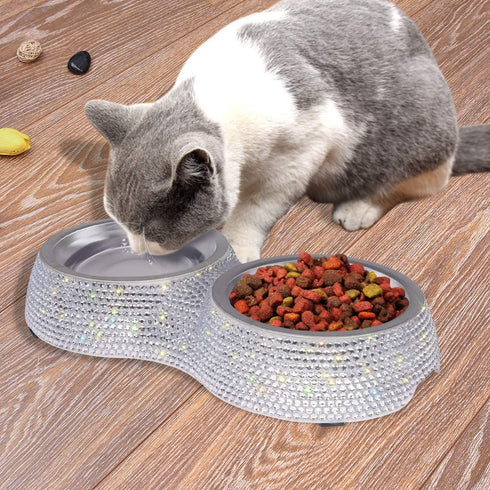 SAVORI Small Dog Bowls - Handmade Bling Rhinestones Stainless Steel Double Food Water Feeder for Cats and Dogs (Silver,