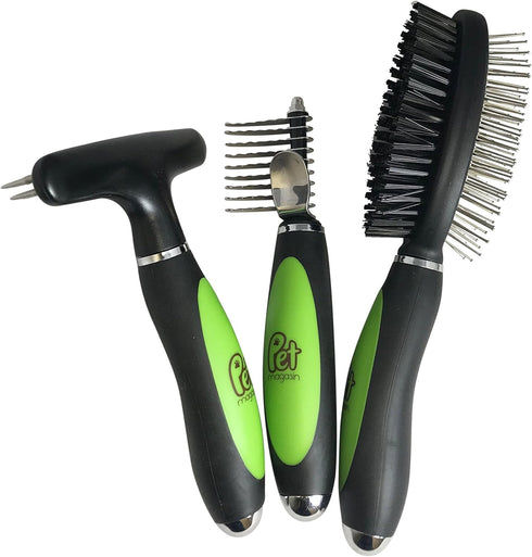 Pet Magasin Professional Grooming Brushes (Pack of 3) - Double Sided Brush, Long Tooth Rake & De-Matting Comb