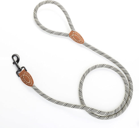 Mile High Life Mountain Climbing Dog Rope Leash with Heavy Duty Metal Clasp, Genuine Leather Connection, White, 48 Inch