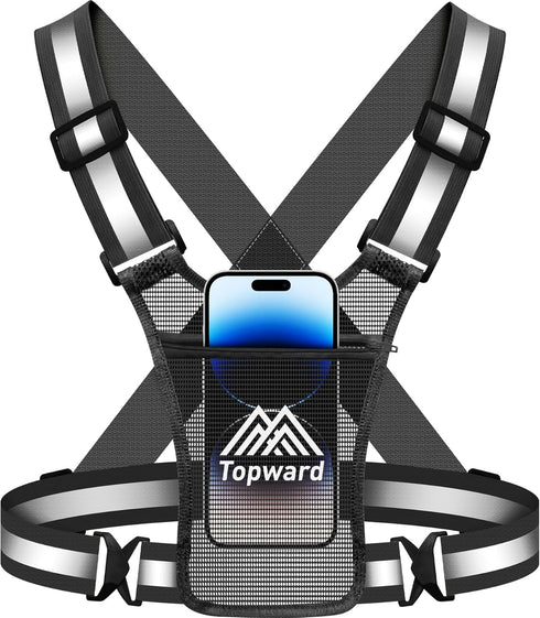 Running Vest with Chest Phone Holder for Women and Men, Reflective Safety Gear for Dog Walking, Cycling - Adjustable