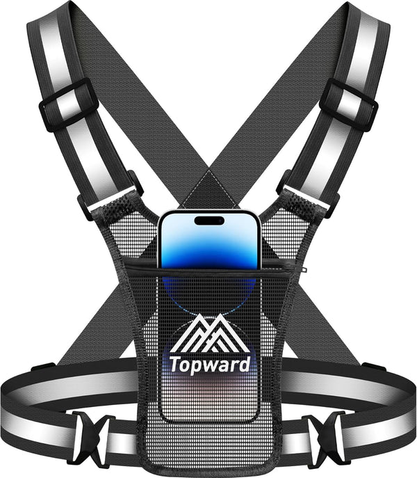 Running Vest with Chest Phone Holder for Women and Men, Reflective Safety Gear for Dog Walking, Cycling - Adjustable