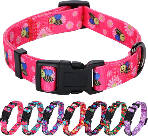 Rhea Rose Pink Dog Collar - Summer Daisy and Bees Print for Large Dogs
