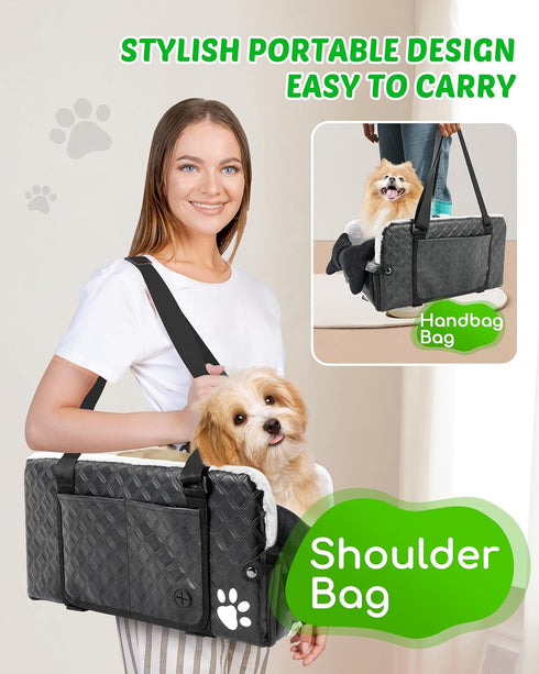 12lbs Center Console Dog Car Seat for Small Dogs, Soft Plush Car Bag for Dogs, Leather Portable Pet Cars Booster Seats