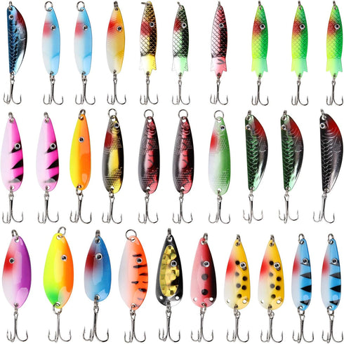 Fishing Spoons Lures Kit, 30pcs Hard Metal Colorful Spinner Baits for Bass Salmon Pike Walleye