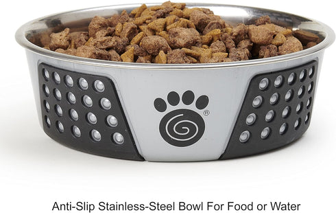 PetRageous 13099 Fiji Stainless Steel Dog Bowl, Non-Slip, Dishwasher-Safe, 6.5-Cup Capacity, Light Grey and Black