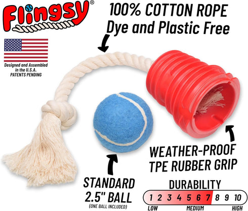 Made in USA Flingsy Dog Ball Launcher, Combination Throwing Toy with 100% Natural Cotton Rope Tug Fetch Thrower