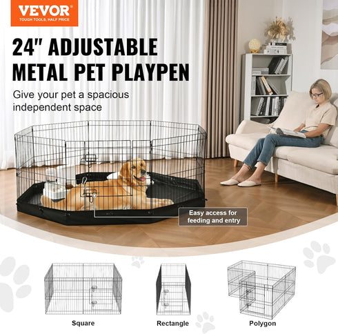 VEVOR Foldable Metal Dog Exercise Pen, Pet Playpen Fence for Small & Medium Dogs, 24" H 8 Panels