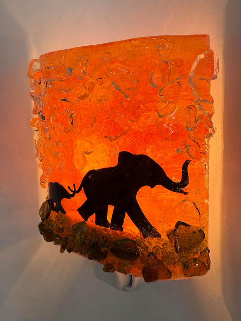Reborn Glass Sunset Mom Baby Elephants Serengeti Safari Fused Recycled Glass Art Night Light Nightlight Nitelite