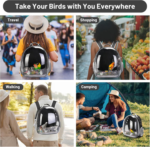 Bird Travel Backpack Carrier for Small Medium Birds, Space Capsule Clear Bubble Window with Stainless Steel Tray and