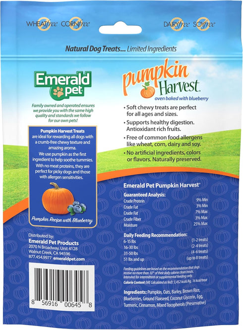 Emerald Pet Pumpkin Harvest Dog Treats - Low-Fat Chewy Natural Treats for Digestive Health, 6 oz