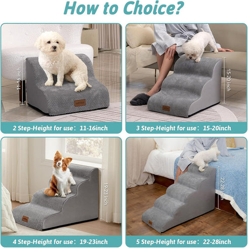 Dog Stairs for Couch or Low Bed, Small Dogs Ramp with Leakproof Fabric Cover, Non-Slip Foam Pet Steps, Grey, 3 Tiers