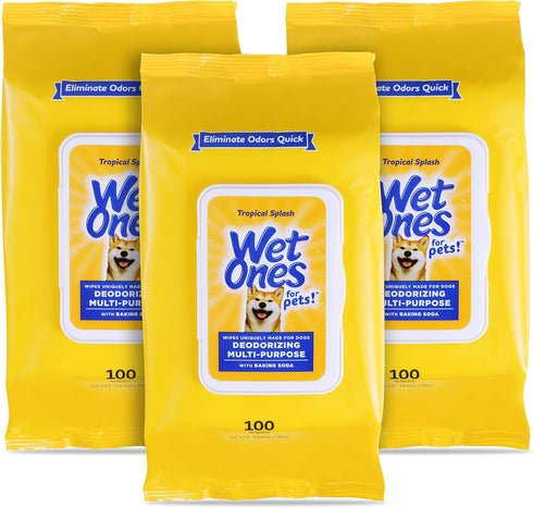 Wet Ones for Pets Deodorizing Multi-Purpose Dog Wipes with Baking Soda, 100 ct- 3 Pack, Tropical Splash Scent,