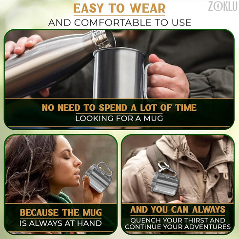 Stainless Steel Mug with Handle, 13.5Oz Coffee Camping Mug with Carabiner for Outdoor Gear