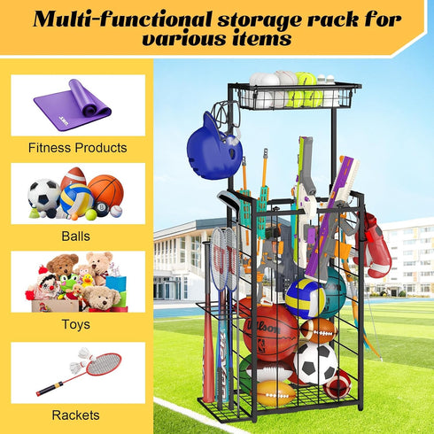 NuoyuanShen 3 Sports Equipment Organizer, Small Garage Ball Storage Rack with Elastic Straps and Hooks, Garage