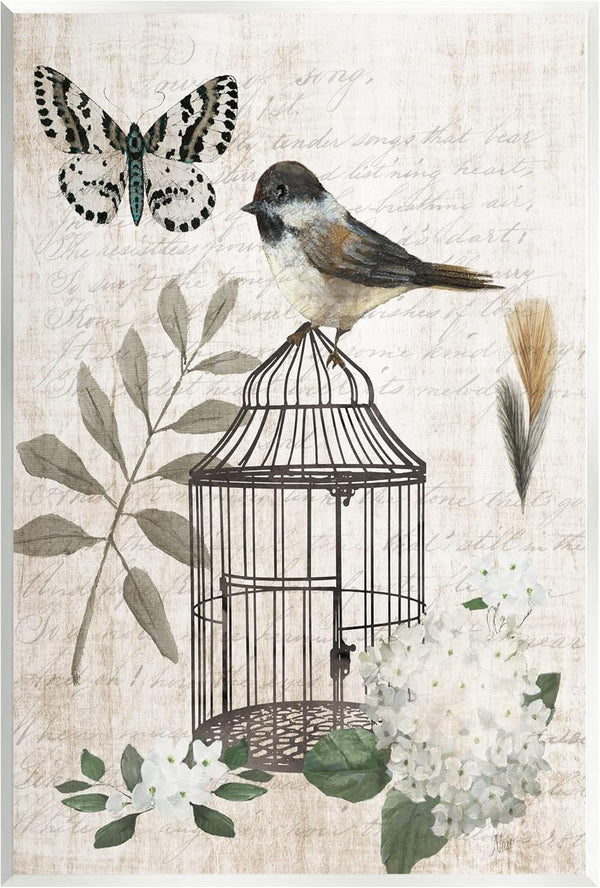 Stupell Industries Botanical Bird Cage Vintage Wood Wall Art, Butterfly Motif Design
